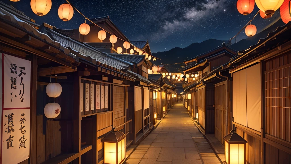 anime、Local summer festival night、A fantastic light illuminates the surroundings、Ultra-high resolution、8k、16K、Japanese Summer Festivals、Return、A quiet and slightly lonely scene、A few remaining lanterns cast a warm light in the night sky.、Evokes the bittersweet feeling of a late summer night