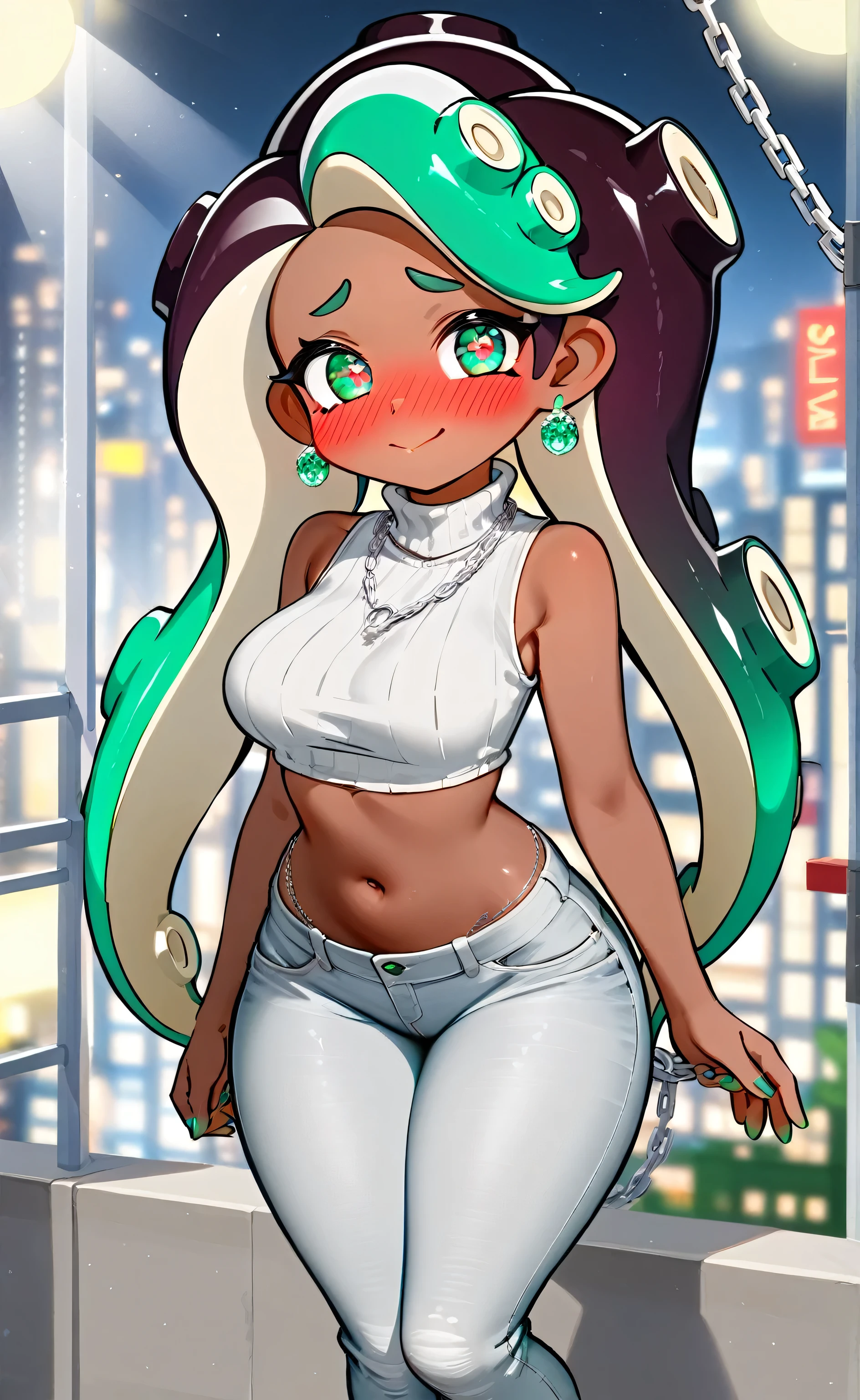 [marina], [splatoon], ((masterpiece)), ((HD)), ((high res)), ((beautiful render art)), ((solo portrait)), ((full body)), ((front view)), ((detailed shading)), ((intricate details)), {(slim figure), (dark skin tone), (brown skin), (cute green eyes), (pink pupils), (long eyelashes), (black tentacle hair), (two toned hair), (aqua-green highlights in hair), (hair bang), (beauty mark on face), (long green nails), (medium boobs), (curvy hips), (thick thighs), (beautiful legs), (blushing), (cute embarrassed smile)}, {(white turtleneck sweater), (sleeveless), (navel), (white skinny jeans), (silver chain necklace), (grey sneakers)}, {(looking at viewer)}, [ambient lighting, city square]
