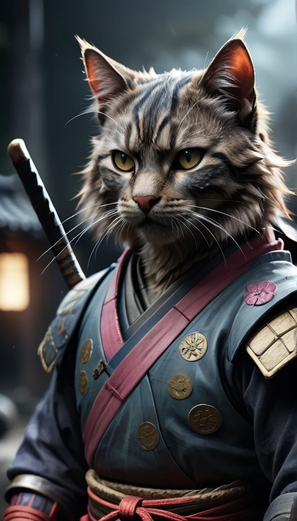 (closeup photo cinematic),a samurai cat, battlefield, 2D, colorful, dark atmosphere