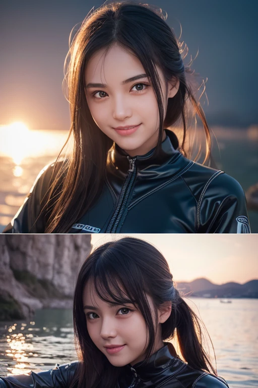 (RAW Photography:1.2)、top-quality、a beautiful detailed girl、tight water suit、latex wet suit, a smile、Twin-tailed、extremely detailed eye and face、beatiful detailed eyes、huge filesize、hight resolution、hight resolution、8k wallpapenely detail、Highly detailed ticker uniform 8k wallpaper、Light on the face、movie lighting、、sexy pose、(photorealisim:1.4)、illustratio、surrealism、 frombelow、super detailing、masterpiece
