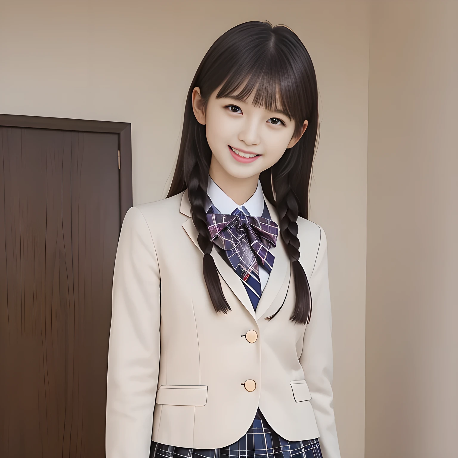 (Highest quality, masterpiece:1.2), Highest quality, High resolution, 1080P, 8k, height: 165cm, ((A noble and intelligent girl who looks like a best proportion Japanese young lady is turning her face around and smiling at the viewer)), ((So sweet, very noble, neat, and pretty Japanese beautiful cute girl)), ((A real, very girly, sweet, cute and noble girl)), ((((A beautiful Japanese cute fashion model)))), ((((Very pure white face and limbs)))), Glossy Lips, (Evenly cut bangs), ((Very beautiful, droopy, cute, pure, noble brown eyes)), ((Super long, black braids hair that reaches the floor)), (Very shiny, glossy Lips), ((Beautiful tight braids hair like a school promotion model)), Watch at you, ((Incredibly well organized, Rich facial expressions)), ((Plump and beautiful white skin and face)), ((Pure, clear, gentle brown eyes)), ((staring at me)), Glossy Lips, ((noble and elegant)), Very beautiful blue skirt, ((Large upward-curving lips)), ((Look directly at the viewer)), White Hand, (((Navy Japanese school blazer with noble golden emblem))), ((Navy and sapphire blue Japanese school uniform)), ((Tartan check pattern pleated long skirt)), ((Blue string chest ribbon)), ((((An ecstatic expression of boundless joy)))), ((plain white background)), ((perfect body))