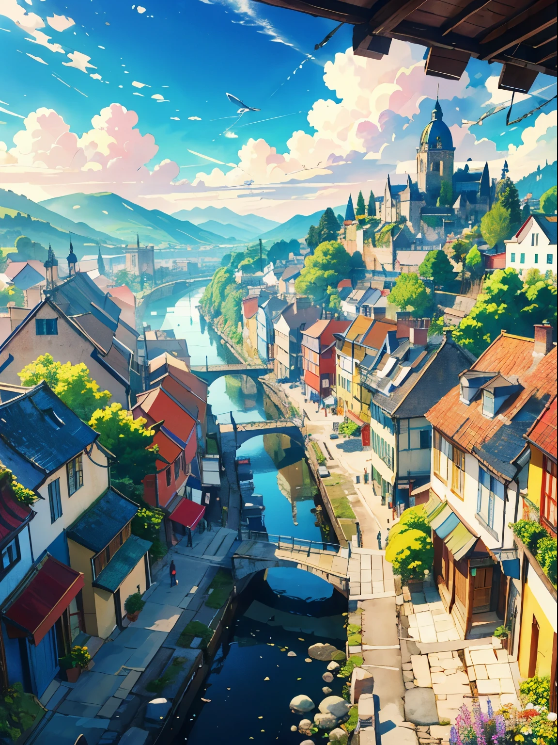 Generates an image of a peaceful old town nestled in a valley, The surrounding hills are undulating,Flowers in bloom. Over town, A majestic airship floats gracefully in the clear blue sky, Its colorful design contrasts beautifully with the architecture of the quaint houses and cobblestone streets below.. Capture the nostalgic charm and tranquility of this idyllic rural landscape.