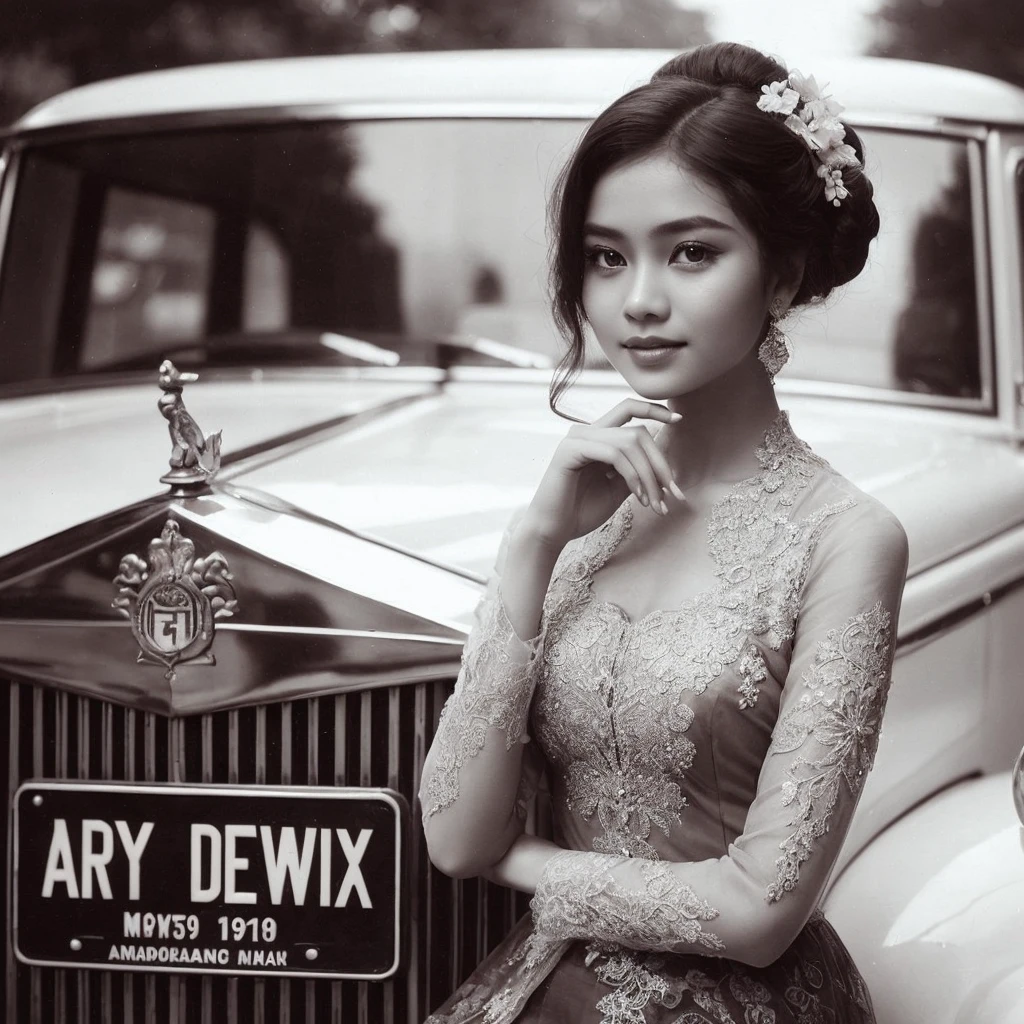 Arafed photo of a young Indonesian girl wearing a kebaya inspired by RA Kartini, kebaya photo, old sepia photography, beautiful young girl, vintage photography, kebaya photo. graceful and charming pose next to a limousine. number plate with text 'Aryy Dewix' antique photo of beautiful young girl cute young girl 18 years young young retro photo black and white 1910, vintage photography, antique photo, old photography, hair in a bun or bun, cute face,