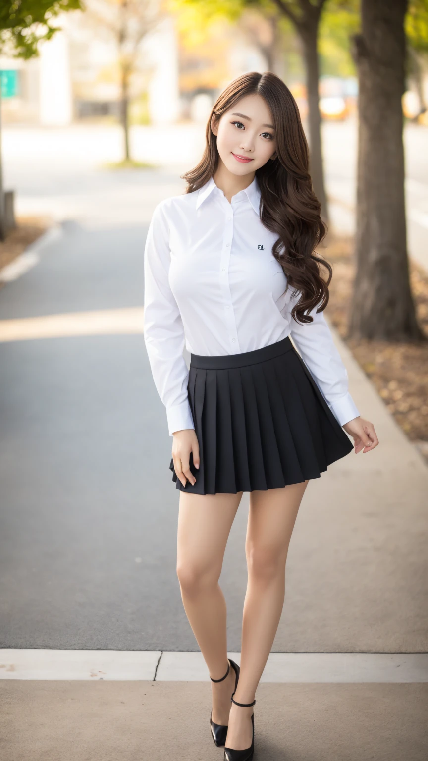 (highest quality, table top, 8K, best image quality, Award-winning work), one university girl, 22 years old, (alone:1.1), perfect beautiful composition, ((Full body:1.3)), (natural big breasts that are about to burst:1.2), (emphasize body line:1.1), slender body, ((perfect and accurate white polyester shirt:1.3)), (black pleated skirt:1.1) look at me and smile, (Beautiful park background with strong blur:1.1), The most natural and perfect beauty park、perfectly maintained park, ((random sexy pose:1.3)), natural makeup, Ultra high definition beauty face, ultra high definition hair, Super high-definition sparkling eyes, (Super high resolution glossy skin:1.1), Super high resolution glossy lips, accurate anatomy, (very bright and vivid:1.1), (dark brown wavy long hair), Ultra High Detail Body, ultra high detail hands