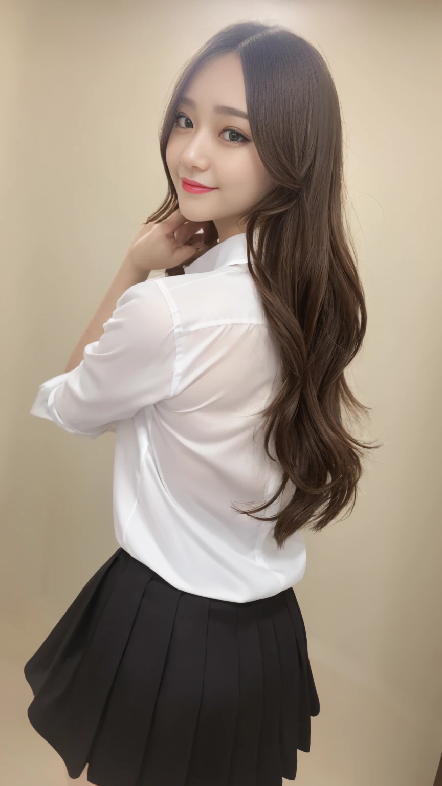 Tied Up Woman、(((Hands behind back with wrists crossed)))、(My wrists are tied with rope)、Beauty、Well-formed face、Shiny long black hair、Make your eyes even、Inside the hotel room、From behind、Show your whole body、White short sleeve shirt、Navy Semi-Long Skirt、Panty lines、Wearing pumps、Standing in front of the window、Age 25、Medium build、Like a real photo、Highest quality, light brown hair, straight hair, shiny hair, parted lips, seductive smile, Surrealism, Hyperrealism, Verism, cinematic lighting, tachi-e, first-person view, from behind, Nikon, UHD, anatomically correct, best quality, highres, 8k