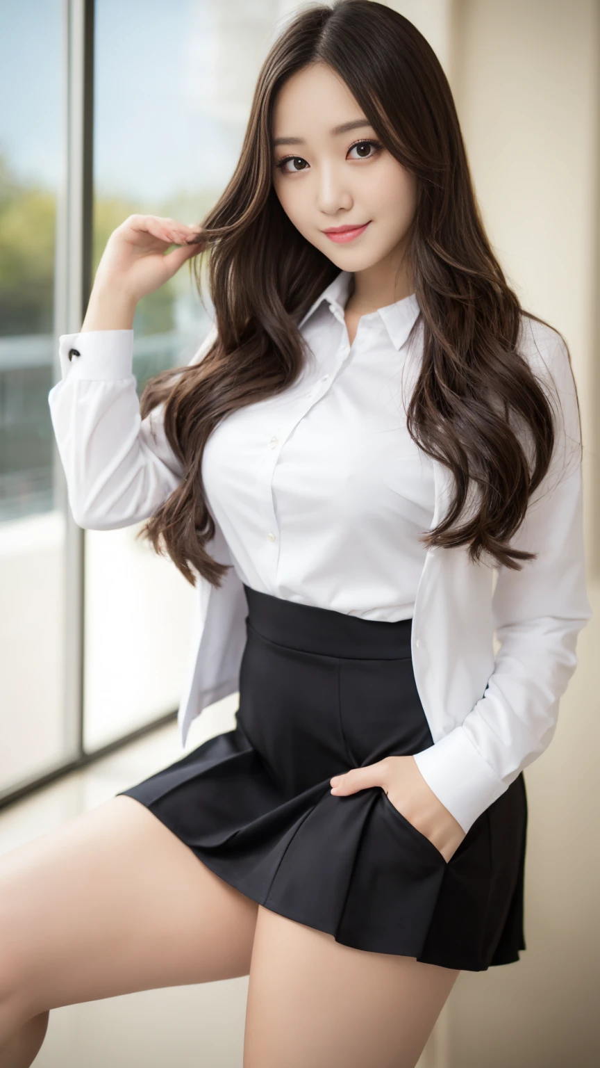 (highest quality, table top, 8K, best image quality, Award-winning work), one university girl, 22 years old, (alone:1.1), perfect beautiful composition, ((Full body:1.3)), (natural big breasts that are about to burst:1.2), (emphasize body line:1.1), slender body, ((perfect and accurate white polyester shirt:1.3)), (black pleated skirt:1.1) look at me and smile, (Beautiful park background with strong blur:1.1), The most natural and perfect beauty park、perfectly maintained park, ((random sexy pose:1.3)), natural makeup, Ultra high definition beauty face, ultra high definition hair, Super high-definition sparkling eyes, (Super high resolution glossy skin:1.1), Super high resolution glossy lips, accurate ???????, (very bright and vivid:1.1), (dark brown wavy long hair), Ultra High Detail Body, ultra high detail hands