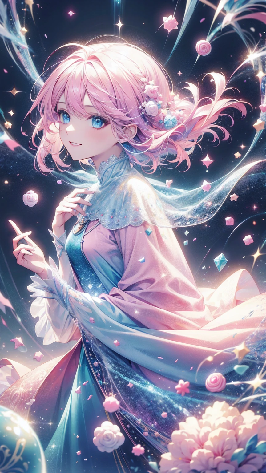Solitary,woman, masterpiece, high resolution, short hair, candy, Soft colors, Pink long hair, blue eyes, White cape, magic, Smiling face, cotton