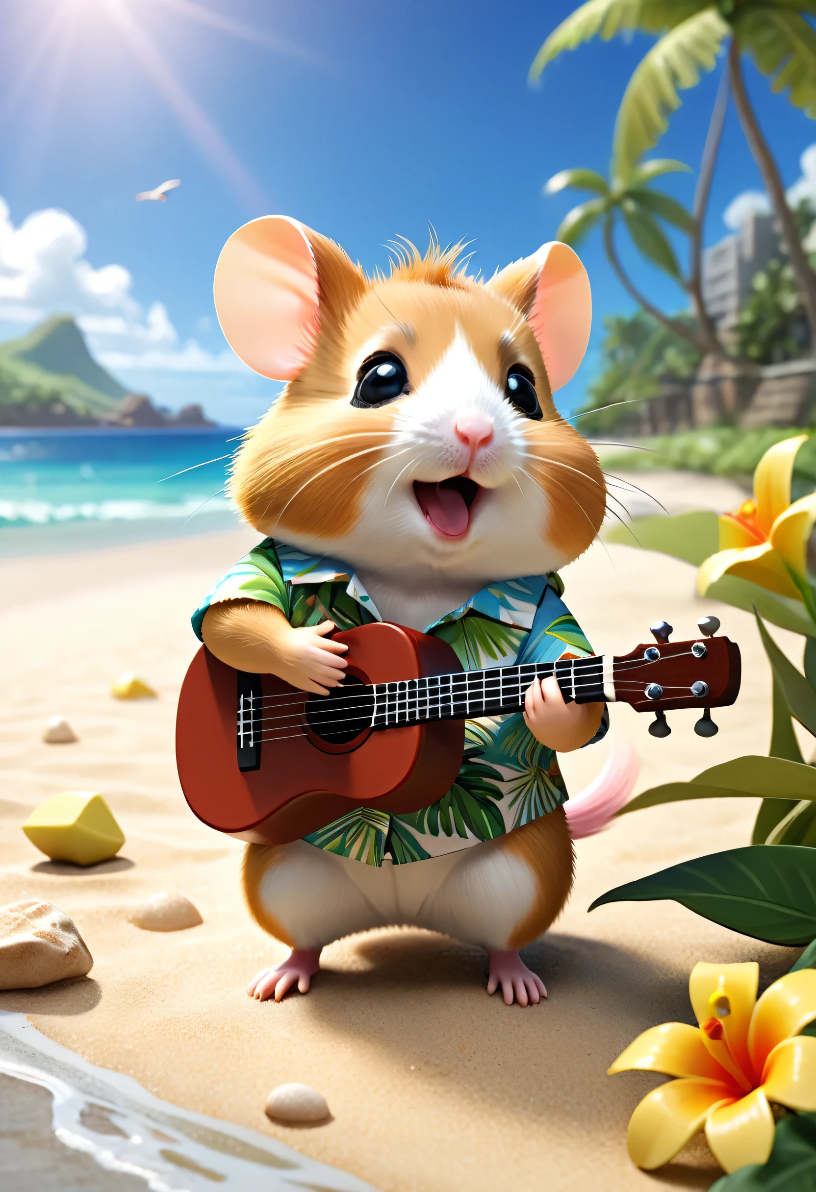 Esbian all over body、Cool hamster、Pop hamster、Diorama、Simple Background、Aloha Shirt、Playing a small ukulele、tropical、Beach Background、Cape、Best Quality, Capture the cutest moments, Depth of written boundary, Super detailed, Ultra-high resolution, Octadale, 8k, 16km race