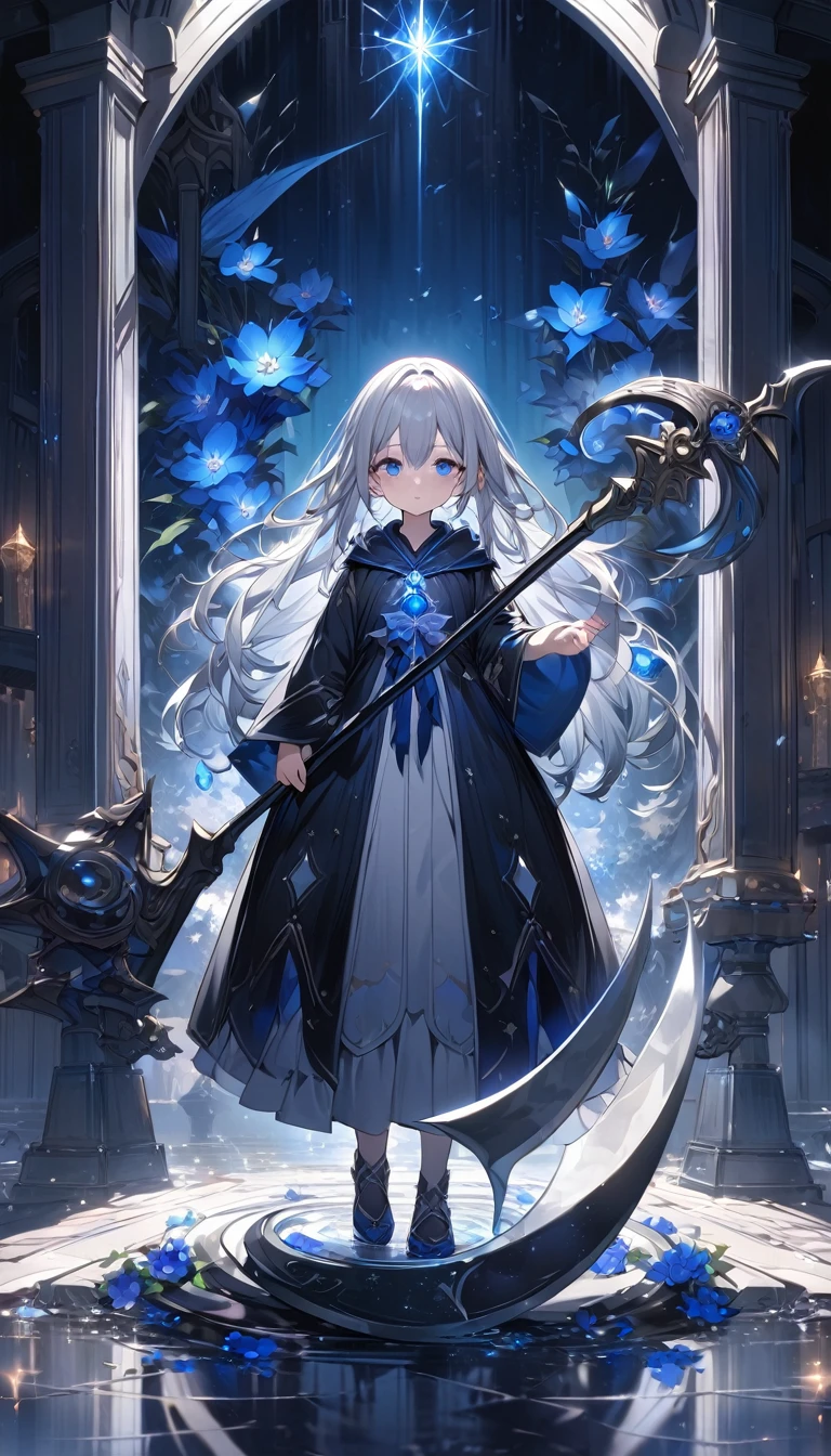Highest quality,masterpiece,Detailed Details,Super detailed,colorful,The background is dark blue water,Transparency,Use HDR technology to create a sense of depth,beautiful,beautiful自然,Sacred atmosphere,,Alone,Wearing starry wizard robes,Stand in the center of the screen,The whole body faces this way,Look diagonally forward to the left,holding a scythe,A scythe blade made from a blue gem.,A scythe handle made from a black gem.,Narrow and gentle eyes,mysterious,Long silver hair decorated with blue flowers,Fantasy atmosphere,beautiful虹色の蝶々is flying in the air