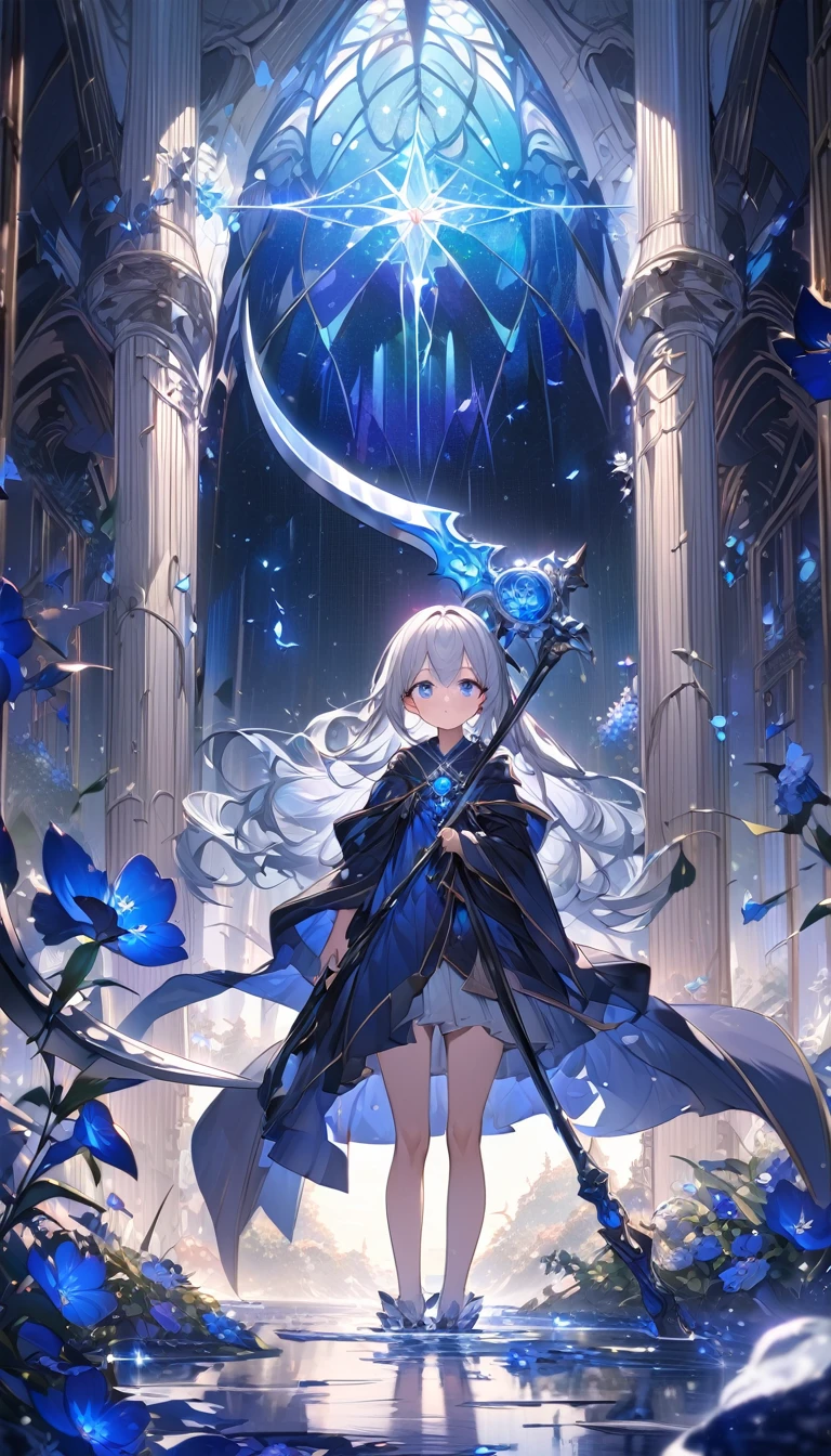 Highest quality,masterpiece,Detailed Details,Super detailed,colorful,The background is dark blue water,Transparency,Use HDR technology to create a sense of depth,beautiful,beautiful自然,Sacred atmosphere,8-year-old girl,Alone,Wearing starry wizard robes,Stand in the center of the screen,The whole body faces this way,Look diagonally forward to the left,holding a scythe,A scythe blade made from a blue gem.,A scythe handle made from a black gem.,Narrow and gentle eyes,mysterious,Long silver hair decorated with blue flowers,Fantasy atmosphere,beautiful虹色の蝶々is flying in the air