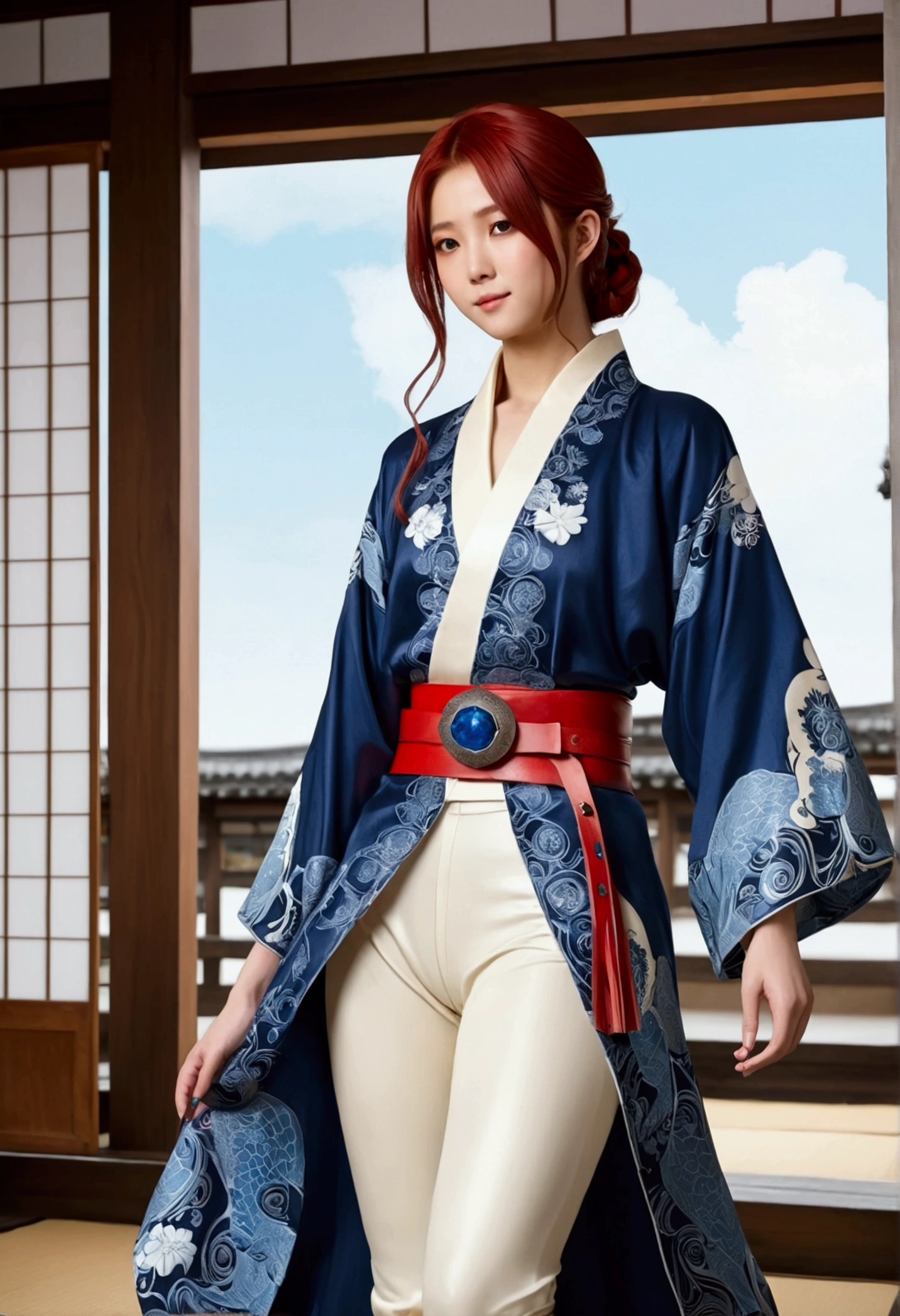 Red, shoulder-length hair。A beautiful woman around 20 years old。He is wearing a blue, knee-length Western-style robe.。The chest of the robe has a pattern resembling a white turtle.、There is a red gem in the center.。Leather belt around the waist。Wearing thick ivory leggings、Wearing knee-length boots。In a beautiful Japanese anime style、Draw this prompt