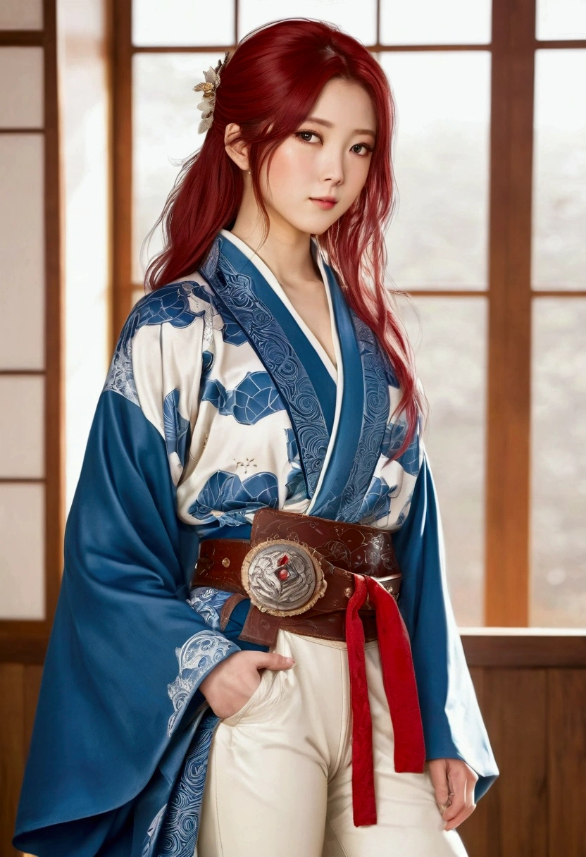 Red, shoulder-length hair。A beautiful woman around 20 years old。He is wearing a blue, knee-length Western-style robe.。The chest of the robe has a pattern resembling a white turtle.、There is a red gem in the center.。Leather belt around the waist。Wearing thick ivory leggings、Wearing knee-length boots。In a beautiful Japanese anime style、Draw this prompt