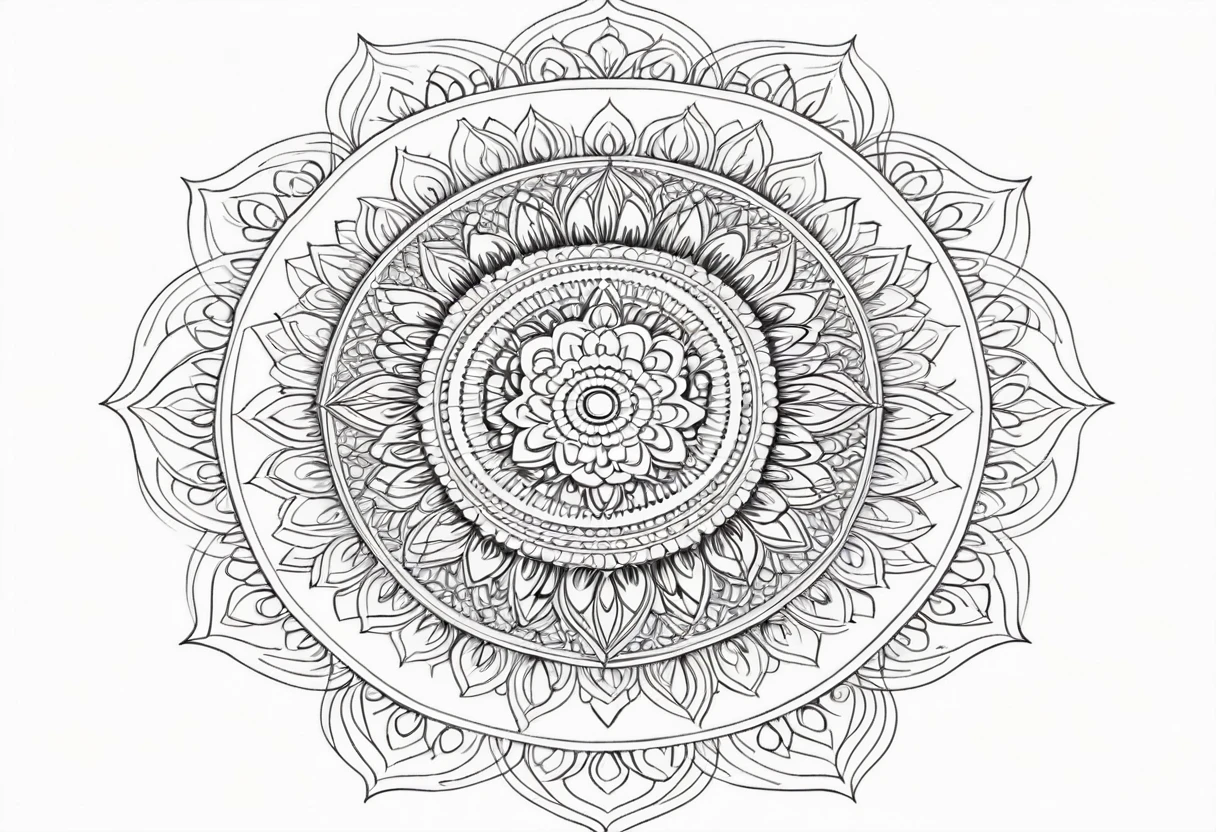A black line art mandala on a white background