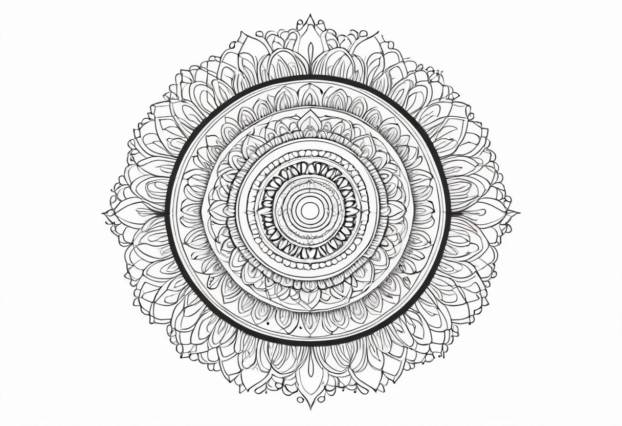 A black line art mandala on a white background