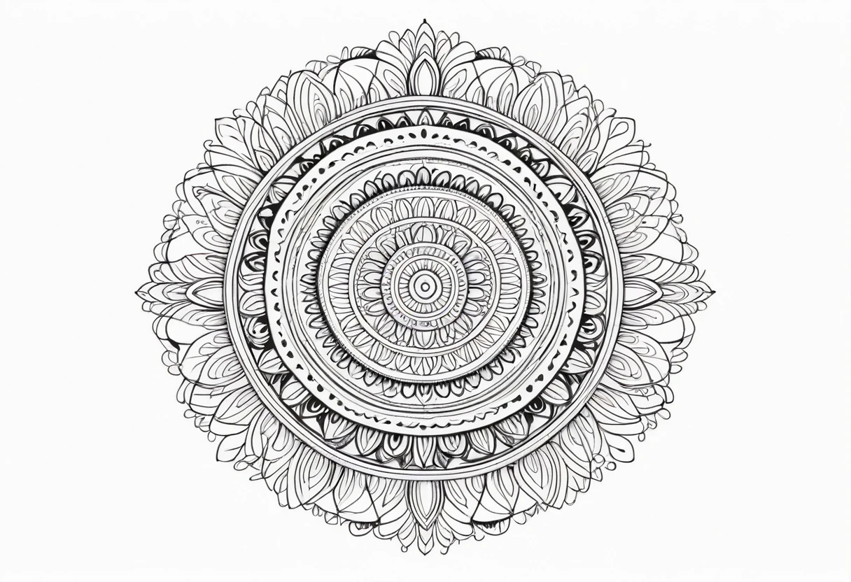 A black line art mandala on a white background