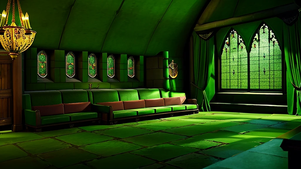 Slytherin Common Room,Hogwarts,Fantasy,Green curtain,Located underground,Large windows,Green light,dim,midnight,Moody,Candle,sofa,machine,glass,Vial,Parchment interior,Silver and green decoration,Highest quality,masterpiece
((Harry potter))
((Hogwarts))
((Hogwartsレガシー))