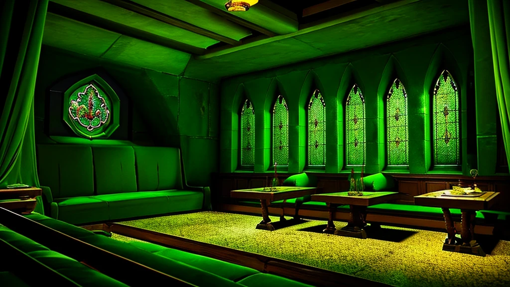 Slytherin Common Room,Hogwarts,Fantasy,Green curtain,Located underground,Large windows,Green light,dim,midnight,Moody,Candle,sofa,machine,glass,Vial,Parchment interior,Silver and green decoration,Highest quality,masterpiece
((Harry potter))
((Hogwarts))
((Hogwartsレガシー))