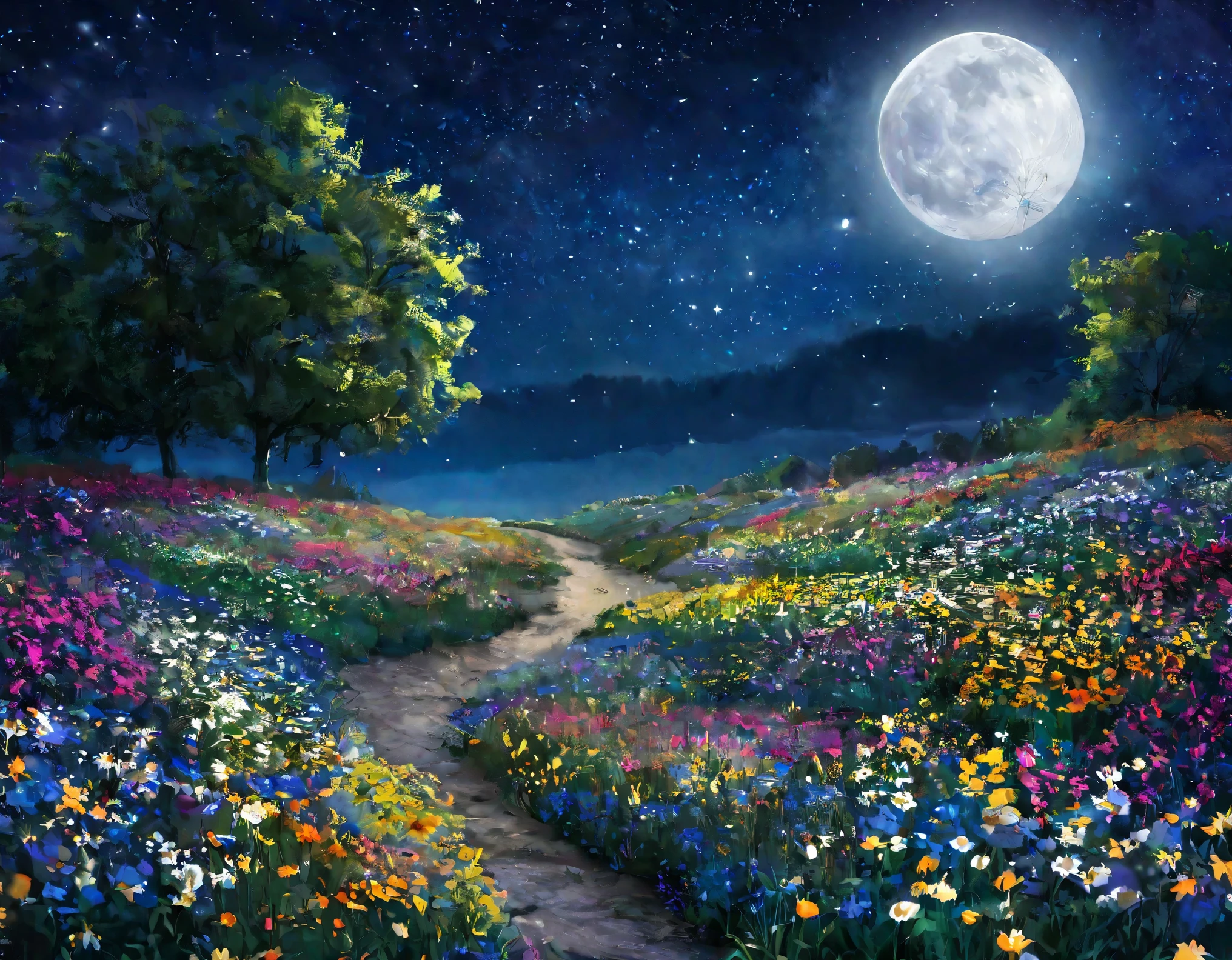 Wildflowers，The night sky is full of flowers,Beautiful as the moon，Moonlight at night，Hippie in the cabin，Hannah Moon，Moonlight，Flower fields at night，Traditional Moon，Moonlight Night