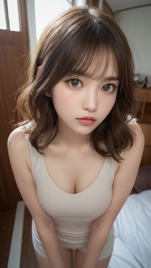 Realistic、20 year old girl、face real、Large-scale depiction of human figures、close up portrait、sit on the bed、Looking up from below and staring at us、(Wearing a full body dalmatian pattern bodysuit、long wavy brown hair、the face smiled、Bedroom、sexy pose、sexy pose、big breasts、glamorous、