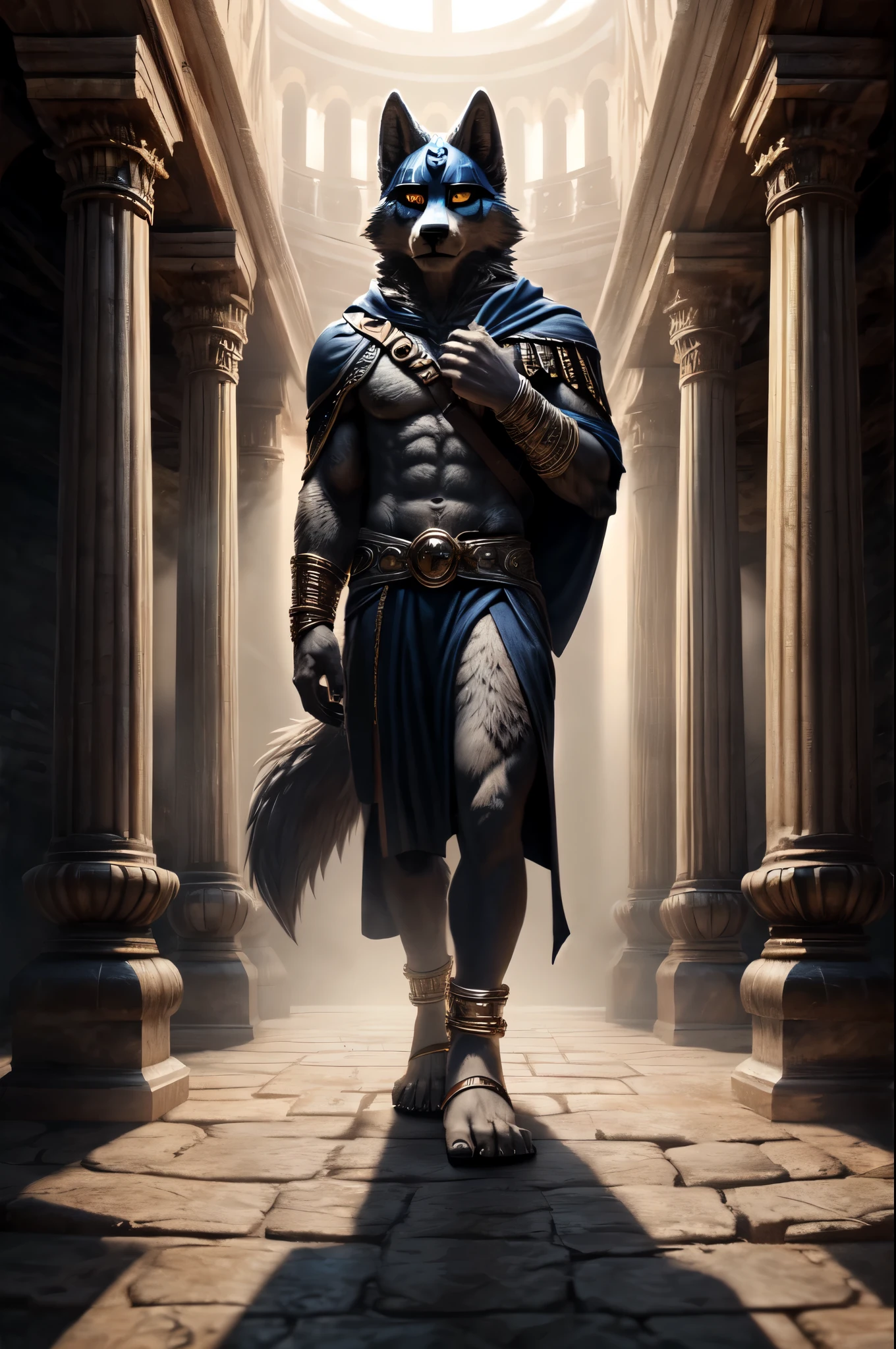 (((Barefoot furry character, full body, cinematic setting, furry male, plantigrade))), (((wearing silver anklets))), (((wearing gladiator sandals)))

(((Hades))) - (((God of the Underworld))) depicted as a mysterious (((wolf))) anthro with charcoal-gray fur and glowing amber eyes. He wears a dark hooded cloak that billows around him. Hades sits barefoot amidst eerie mist and shadows, with spectral forms and ghostly apparitions in the background. Symbols of the underworld like skeletal remains and obsidian pillars surround him. Cerberus, the three-headed dog, is at his side.

BREAK, detailed background, 8K, (masterpiece:1.5), intricate details, highly detailed, extreme detail, octane render, fine art, best quality, highres, (detailed face:1.5), ((full_body)), UHD, (((perfect hands))), (((perfect feet))), low light