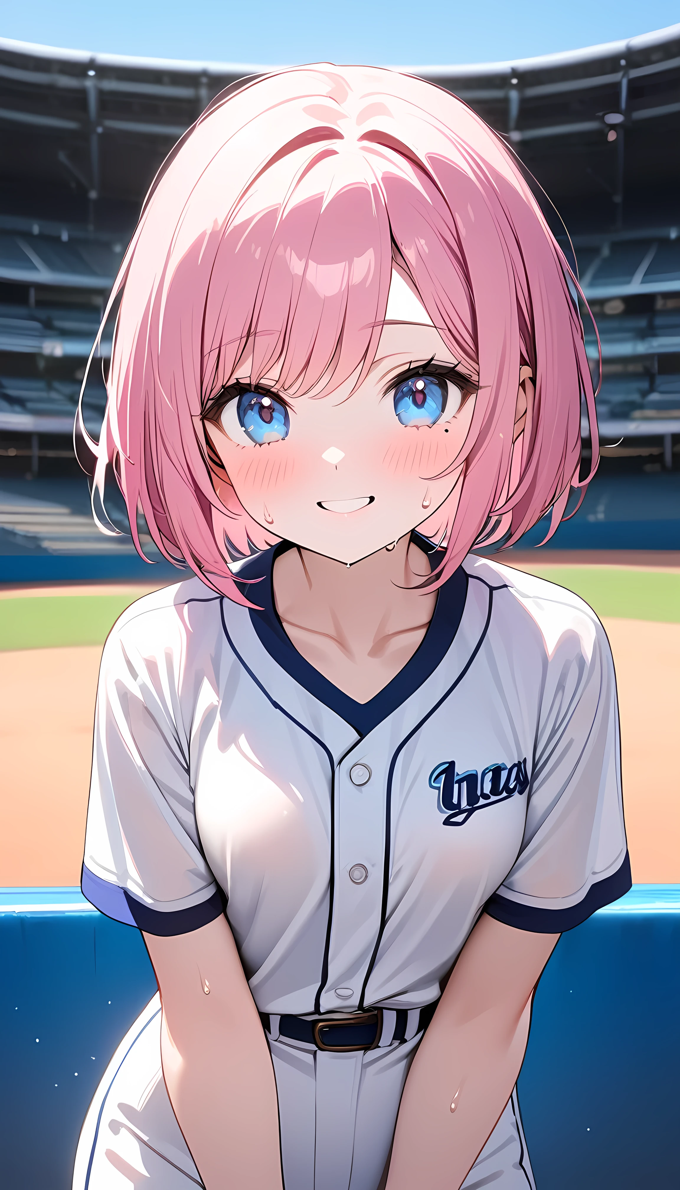 (1 girl),(Best Picture Quality, 8K, Masterpiece:1.3), (high school student:1.5), ((pink lob hair:1.1)), (bob cut),(swept bangs), (cute eyes, pupil black, iris skyblue, youthful face), (mole under right eye), (standard weight), (small breasts), (glistening skin:1.1),(pale skin:1.2),((baseball uniform)),(Smile),(sweat),(short sleeve),(baseball bat),