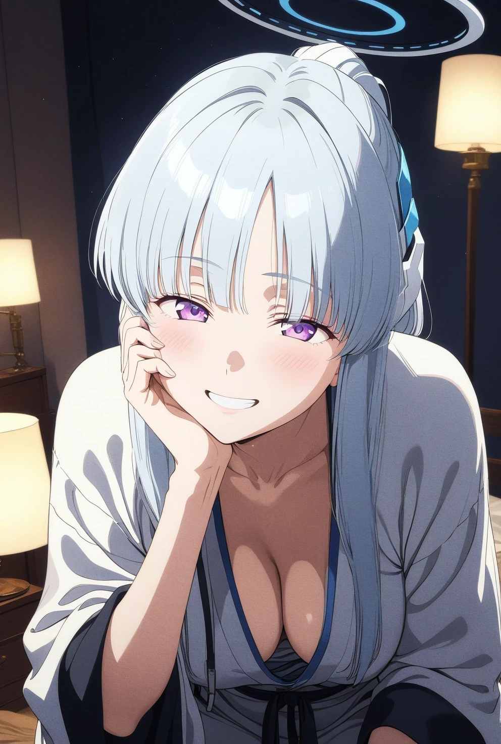 best quality, amazing quality, very aesthetic, absurdres, (1girl, noa, blue archive, solo, purpel eyes, white hair, big breasts), (realistic face:0.9),(robe, open:1.8), (grin, night, thigh, nipple:1.3), (cowboy shot), (glowing eyes), (half closed eyes:0.9), (from above0.7), (official art:1.3), (bent over, hand on own cheek, all fours:1.4), (blush), expressive eyes, perfect face, 4k, extremely detailed anime illustration, extremely detailed eyes, perfect anatomy, light rays, extremely delicate body, smooth skin, (bedroom background:1.5), clear eyes, beautiful face, smiling at viewer, (anime style:1.7), (cinematic Light:1.5), (highres:2), big breasts,
