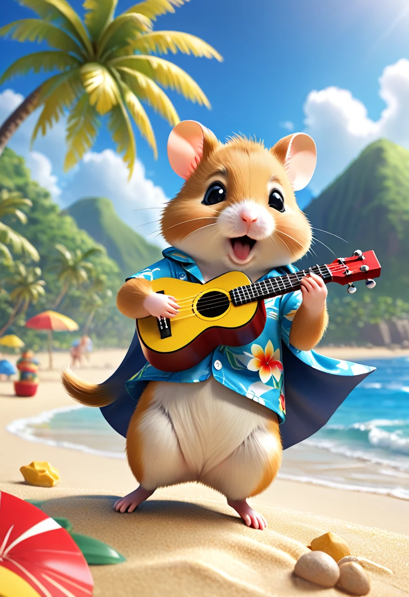 Esbian all over body、Cool hamster、Pop hamster、Diorama、Simple Background、Aloha Shirt、Playing a small ukulele、tropical、Beach Background、Cape、Best Quality, Capture the cutest moments, Depth of written boundary, Super detailed, Ultra-high resolution, Octadale, 8k, 16km race