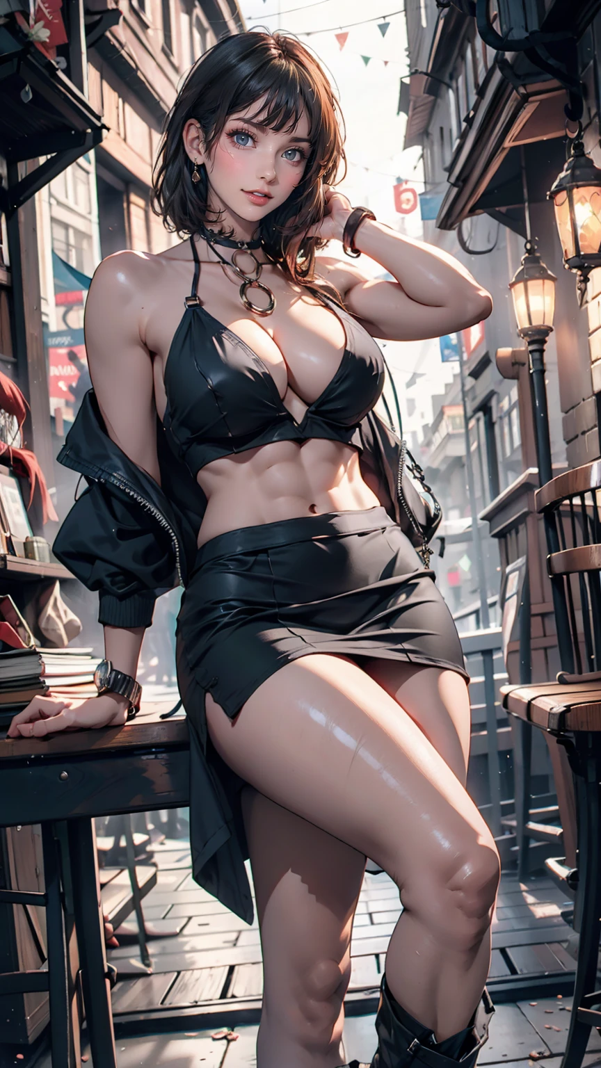 (One girl:1.3), alone, __Body parts__ Delicate and realistic skin, Pale skin, big, Official Art, Unified 16k wallpapers, Super detailed, beauty and aesthetics, beauty, masterpiece, Highest quality, In Cyberpunk City, Great atmosphere, A calming color palette, Peaceful mood, Soft Shadows, Flight attendant uniform, Glamour、Sexy proportions、Narrow waist、Silver Hair、Straight Bob、Long neck、Slim Abs: 1.2、halter keyhole neck((halter keyhole neck))Topini-length LaLa skirt((rah-rah skirt))、short boots、Paris, France celebrates Bastille Day、Lace choker