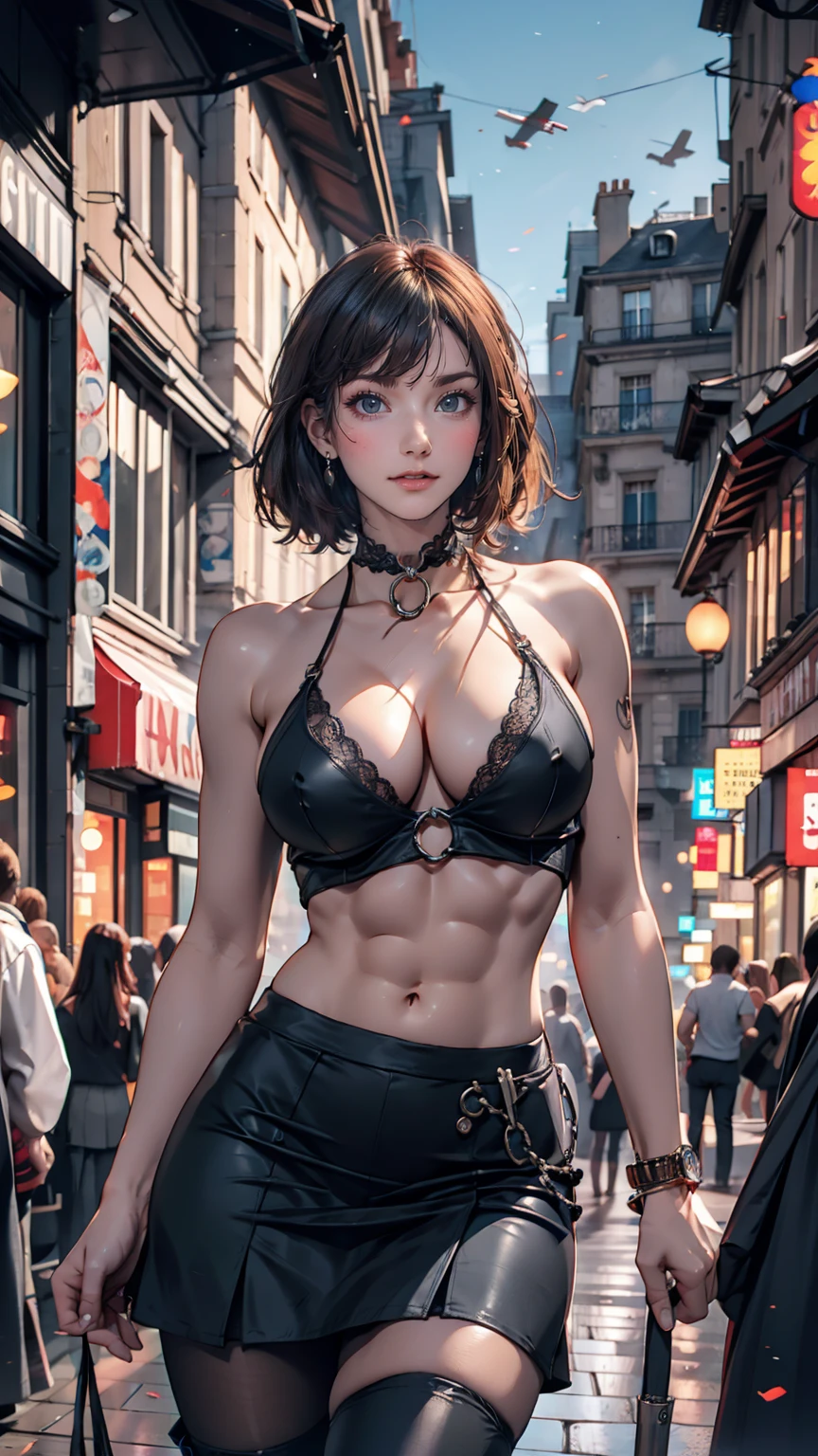 (One girl:1.3), alone, __Body parts__ Delicate and realistic skin, Pale skin, big, Official Art, Unified 16k wallpapers, Super detailed, beauty and aesthetics, beauty, masterpiece, Highest quality, In Cyberpunk City, Great atmosphere, A calming color palette, Peaceful mood, Soft Shadows, Flight attendant uniform, Glamour、Sexy proportions、Narrow waist、Silver Hair、Straight Bob、Long neck、Slim Abs: 1.2、halter keyhole neck((halter keyhole neck))Topini-length LaLa skirt((rah-rah skirt))、short boots、Paris, France celebrates Bastille Day、Lace choker