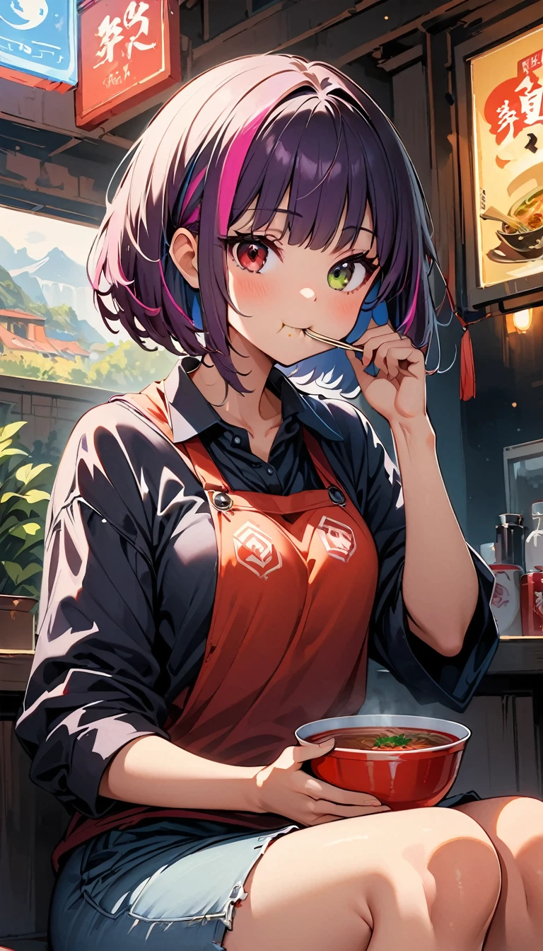 (highest quality:1.2, Very detailed, up to date, Vibrant, Ultra-high resolution, High Contrast, masterpiece:1.2, highest quality, Best aesthetics), Portraiture、girl、solo, (25-years-old:1.5), slim, , ((eating red hot noodle soup:1.6)), holding chopsticks, (sit in chinese restaurant), heterrochromia, green eye, red eye, Bright colors、Beautiful fine details、Beautiful lip detail、extra short hair, ((bob cut:1.5))、pink and purple ((streaked hair:1.9)), (highlights hair: 1.6), (small breast:1), (tan skin:0.7), red t-shirts, jeans, ((cowboy shot:1))