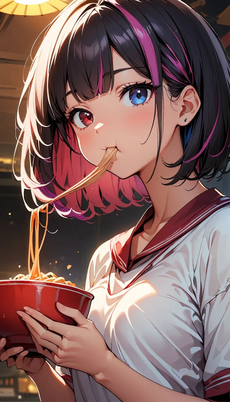 (highest quality:1.2, Very detailed, up to date, Vibrant, Ultra-high resolution, High Contrast, masterpiece:1.2, highest quality, Best aesthetics), Portraiture、girl、solo, (25-years-old:1.5), slim, , ((eating red hot noodle soup:1.6)), holding chopsticks, (sit in chinese restaurant), heterrochromia, green eye, red eye, Bright colors、Beautiful fine details、Beautiful lip detail、extra short hair, ((bob cut:1.5))、pink and purple ((streaked hair:1.9)), (highlights hair: 1.6), (small breast:1), (tan skin:0.7), red t-shirts, jeans, ((cowboy shot:1))