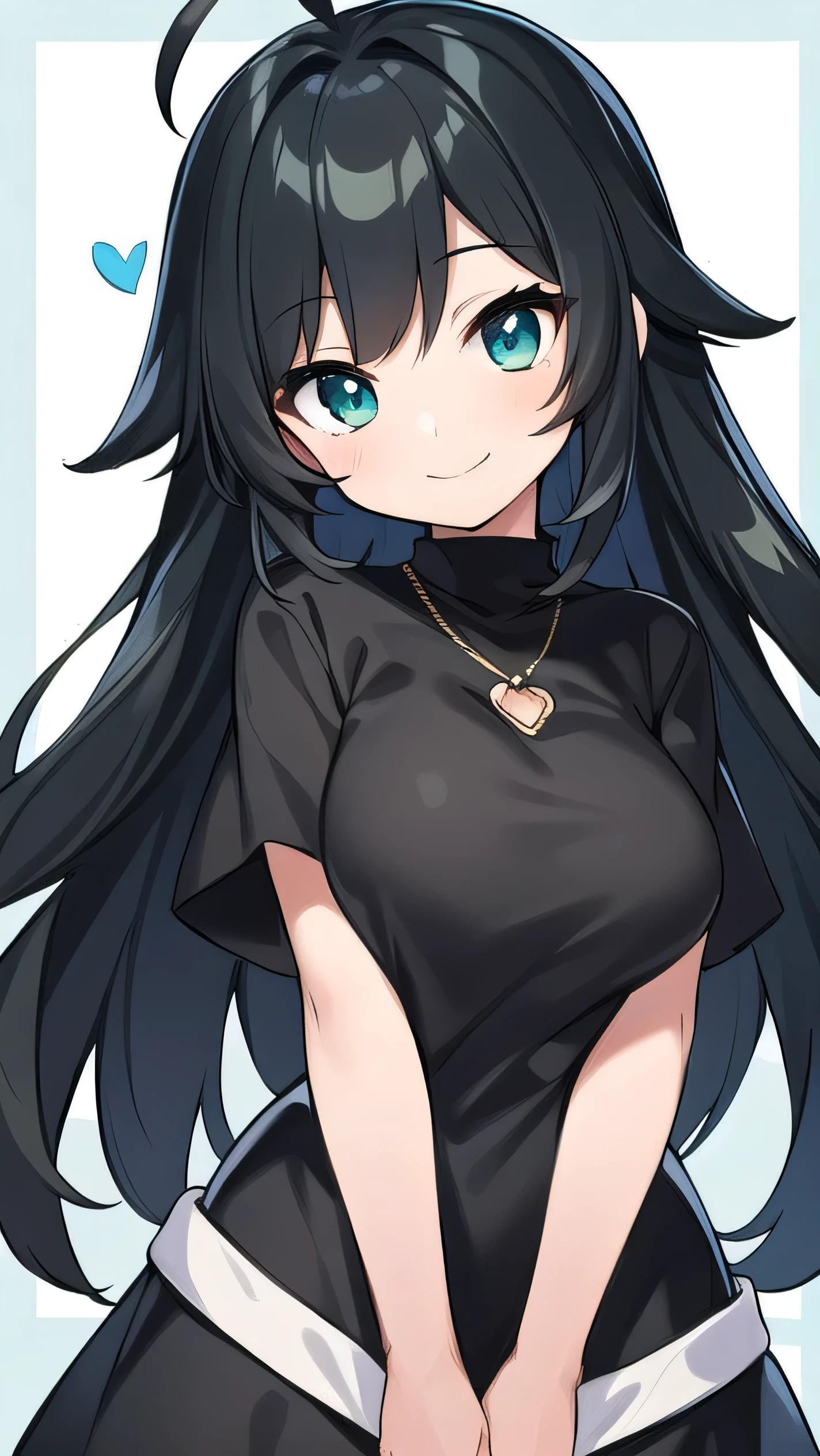  high schoolooks like an elementary school st short, 140 cm tall, black slight green tinge, short ahoge, beautiful long hair but with a little hair sticking out, beautiful round eyes, blue eyes, smile, boyish, big breasts,  long hair, childish face, gentle smile, a little shy, black hair with a slight green tinge, boyish, gentle smile,, ( Deep greenish black hair: 1.3)，，childish clothes