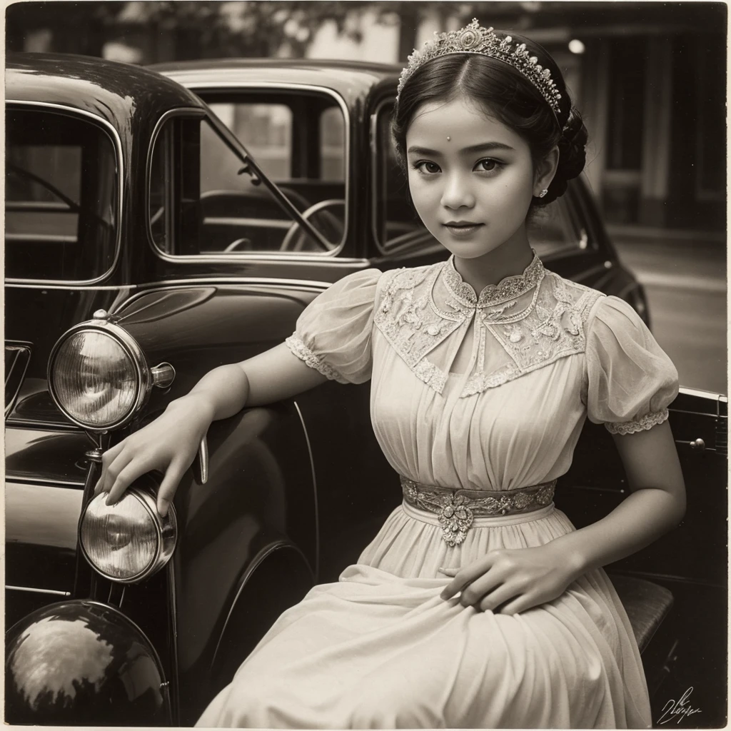Arafed photo of a young Indonesian girl wearing a kebaya inspired by RA Kartini, kebaya photo, old sepia photography, beautiful young girl, vintage photography, kebaya photo. graceful and charming pose next to a limousine. number plate with text 'Aryy Dewix' antique photo of beautiful young girl cute young girl 18 years young young retro photo black and white 1910, vintage photography, antique photo, old photography, hair in a bun or bun, cute face,