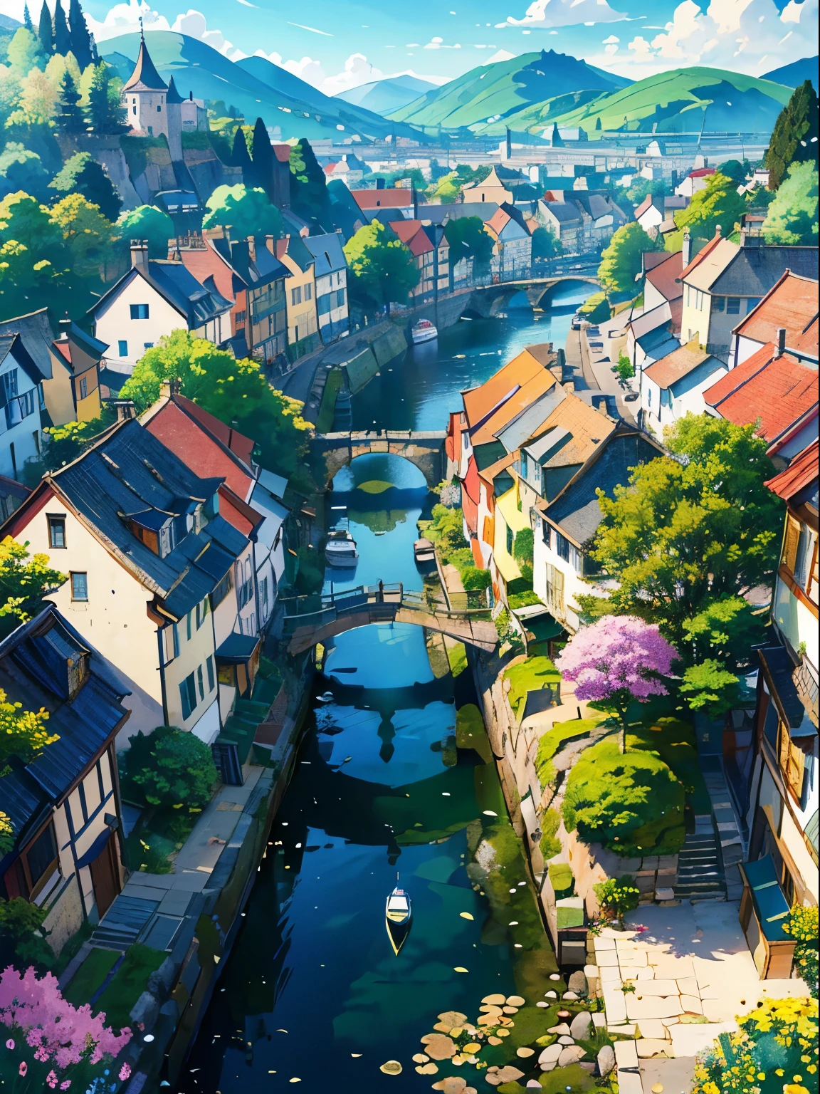 Generates an image of a peaceful old town nestled in a valley, The surrounding hills are undulating,Flowers in bloom. Over town, A majestic airship floats gracefully in the clear blue sky, Its colorful design contrasts beautifully with the architecture of the quaint houses and cobblestone streets below.. Capture the nostalgic charm and tranquility of this idyllic rural landscape.