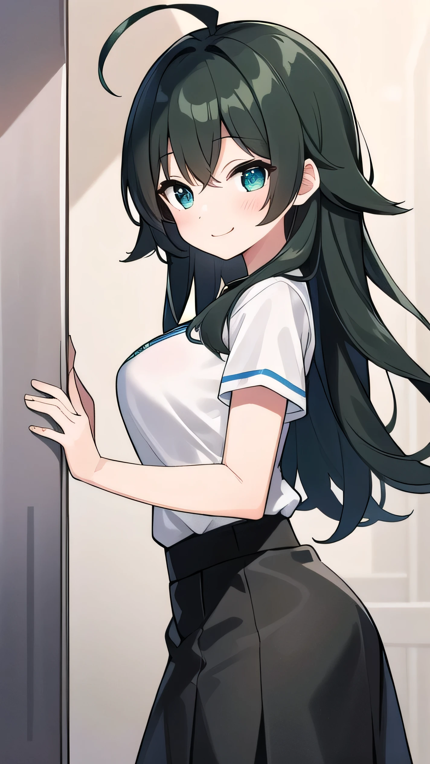 Junior high school student who looks like an elementary school student, 14 years old, very short, 140 cm tall, black hair with a slight green tinge, short ahoge, beautiful long hair but with a little hair sticking out, beautiful round eyes, blue eyes, smile, boyish, big breasts, long hair, childish face, gentle smile, a little shy, black hair with a slight green tinge, boyish, gentle smile,, ( Deep greenish black hair: 1.3),,childish clothes