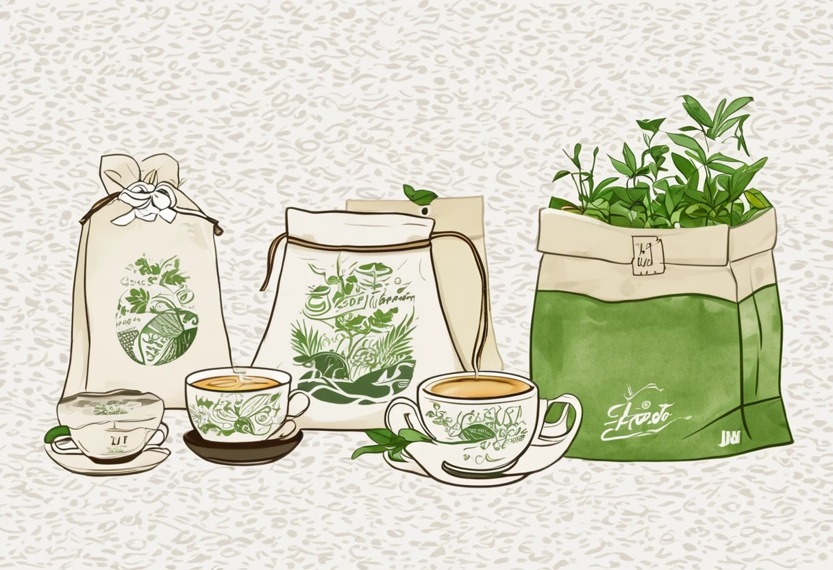 A set of tea sets for casual relaxation with illustrations,calligraphic fonts with green tones,coffee bags,paper bags,prints and accessories,with the theme of the harvest world,clean light gray background,(niji:2),hand-drawn,illustration style,