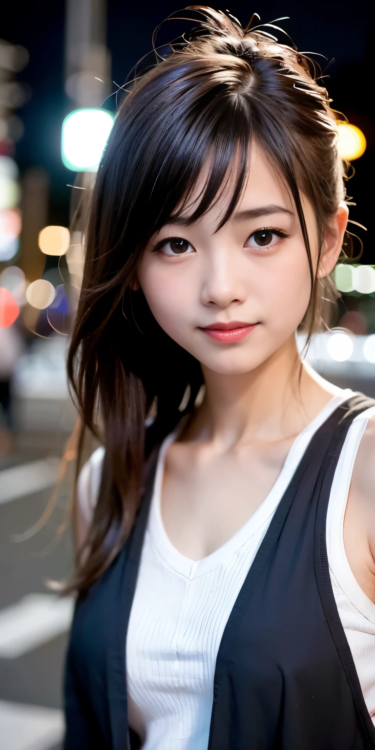 1 girl, Tokyo Street,night, Streetscape,City lights,Upper Body,close,smile,, (8k, RAW Photos, Highest quality, masterpiece:1.2),(Realistic, photo-Realistic:1.37),