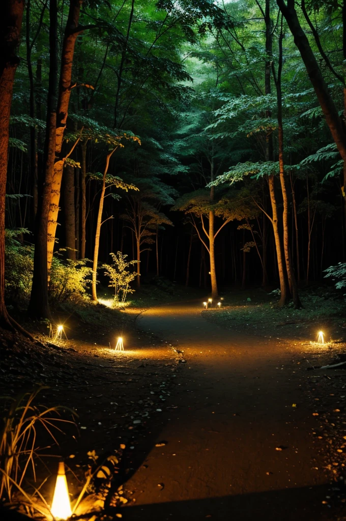 Create a full size image for a youtube page of A walk threw a tribal forest with glowing lights and tribals