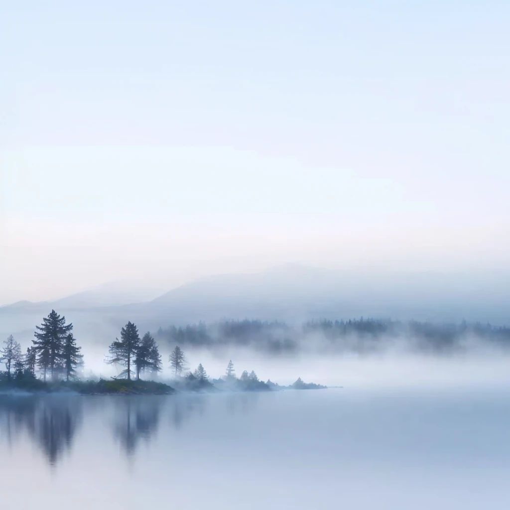 Misty lake,Wooded,There is a small island in the middle, Water mists, Water mist, Nordic landscape, pale Blue fog, Water mist, Mist floating in the air, mystical Blue fog, Fog on the water, Hazy background, Blue fog, Light blue fog, Misty mist, Cold fog, The background is hazy, Ethereal Landscape, Foggy environment, Lake Background