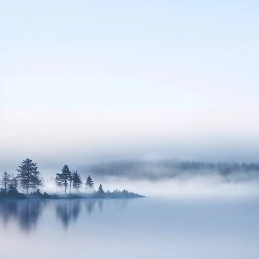 Misty lake,Wooded,There is a small island in the middle, Water mists, Water mist, Nordic landscape, pale Blue fog, Water mist, Mist floating in the air, mystical Blue fog, Fog on the water, Hazy background, Blue fog, Light blue fog, Misty mist, Cold fog, The background is hazy, Ethereal Landscape, Foggy environment, Lake Background