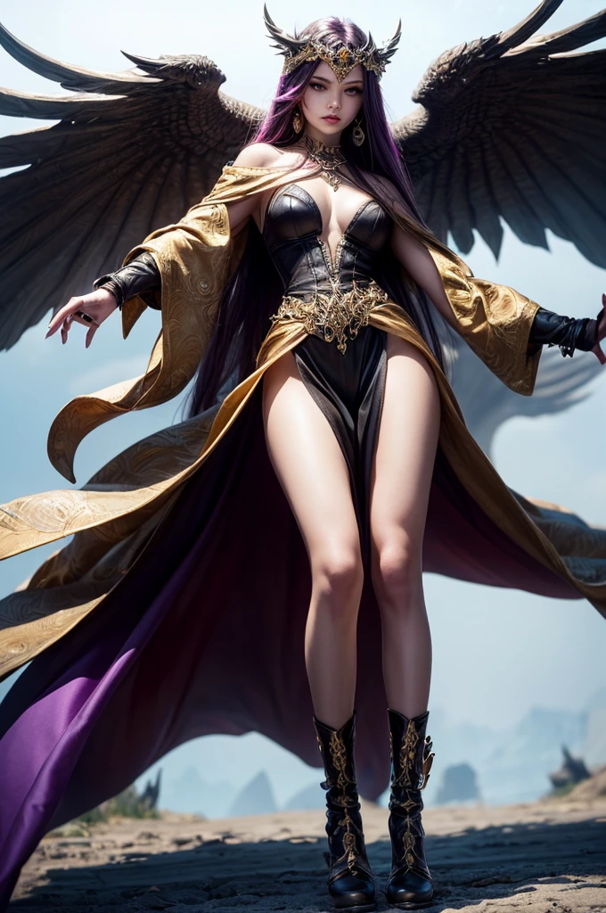 Dark harlequin with light hair and raven wings stands against the moon 