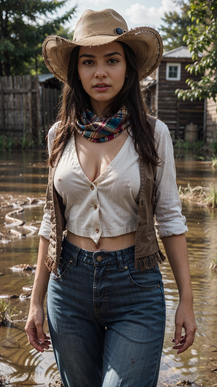 A beautiful woman wearing a cowboy hat, fringed waistcoat, trousers, and a scarf, standing confidently in a muddy farm environment, medium breast, detailed portrait, photorealistic, 8k, cinematic lighting, warm color tones, masterpiece