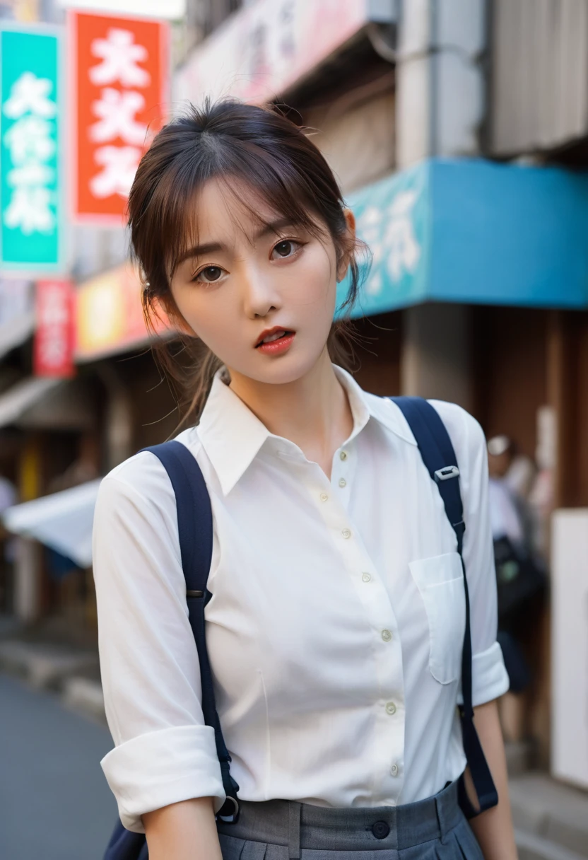 (((Practical photography))),, portrait, (Scared face:1.3),, beautiful girl, Looking at the audience, , (Uniforms:1.2), Button up your shirt and pants, , (Full cleavage:1),, in japanese street, (environment details:1.3),, (RAW photos, CG Unity, photography, ultra Practical details, Clear focus, Delicate skin,4K, high resolution, masterpiece, best quality, Practical, Energetic:1.2),, (8K,4K, Ultra HD, high resolution, professional, Movie, , dramatic),, (Anamorphic depth of field blurred background), Detailed background,