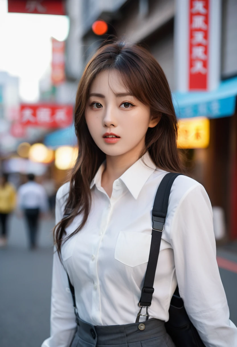 (((Practical photography))),, portrait, (Scared face:1.3),, beautiful girl, Looking at the audience, , (Uniforms:1.2), Button up your shirt and pants, , (Full cleavage:1),, in japanese street, (environment details:1.3),, (RAW photos, CG Unity, photography, ultra Practical details, Clear focus, Delicate skin,4K, high resolution, masterpiece, best quality, Practical, Energetic:1.2),, (8K,4K, Ultra HD, high resolution, professional, Movie, , dramatic),, (Anamorphic depth of field blurred background), Detailed background,