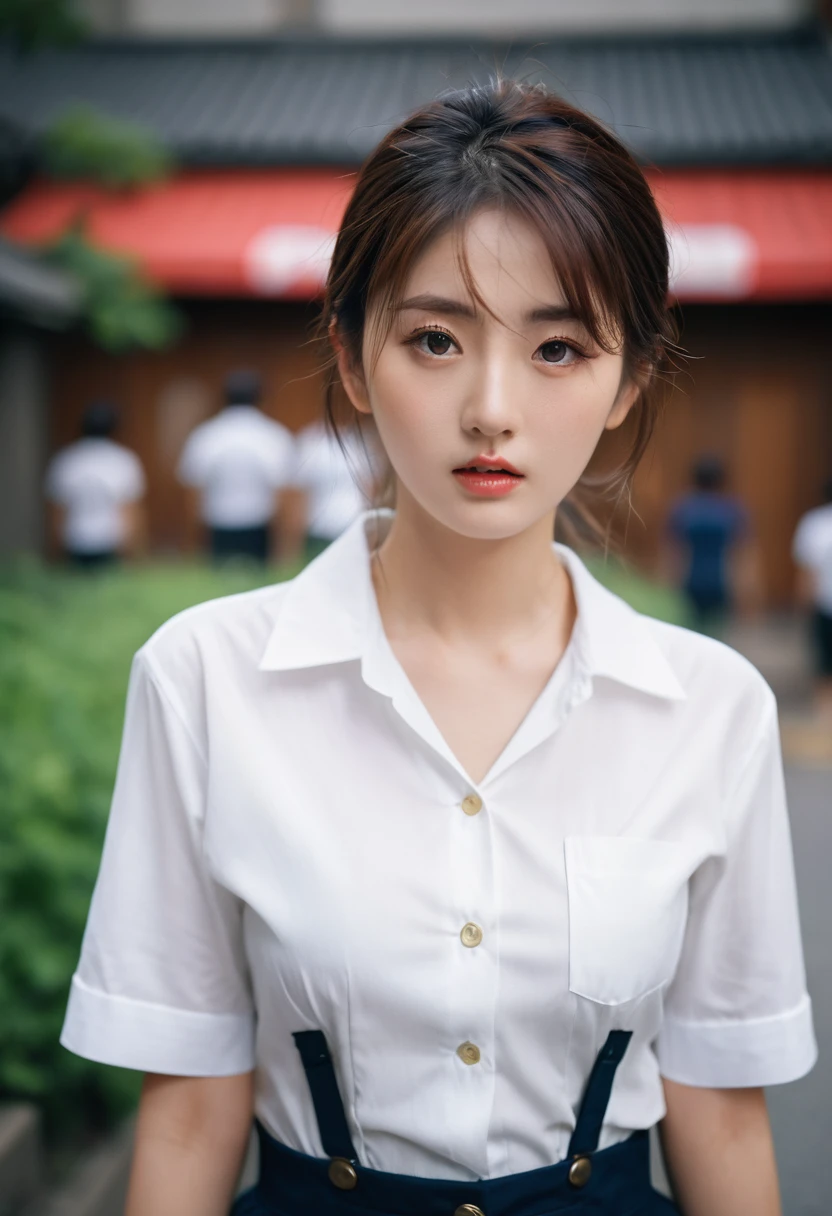 (((Practical photography))),, portrait, (Scared face:1.3),, beautiful girl, Looking at the audience, , (Uniforms:1.2), Button up your shirt and pants, , (Full cleavage:1),, in japanese street, (environment details:1.3),, (RAW photos, CG Unity, photography, ultra Practical details, Clear focus, Delicate skin,4K, high resolution, masterpiece, best quality, Practical, Energetic:1.2),, (8K,4K, Ultra HD, high resolution, professional, Movie, , dramatic),, (Anamorphic depth of field blurred background), Detailed background,