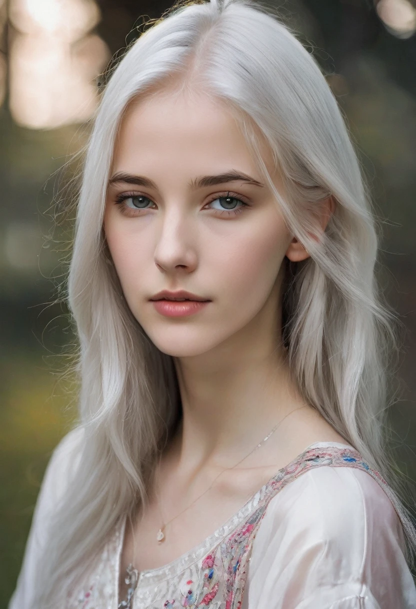 young girl(16 years). straight, White hair. thin, Noble features. Very white skin. grey eyes. thin белые брови. long face, oval. thin, Straight nose. Shoulders are bare.
