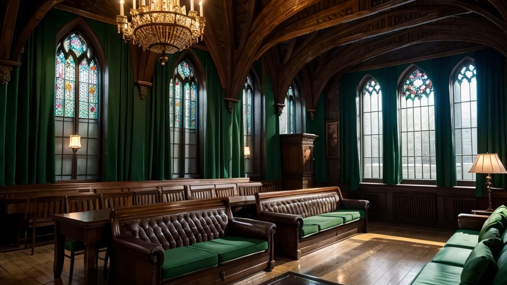 Slytherin Common Room,Hogwarts,Fantasy,Green curtain,Located underground,Large windows,Green light,dim,midnight,Moody,Candle,sofa,machine,glass,Vial,Parchment interior,Silver and green decoration,Highest quality,masterpiece
((Harry potter))
((Hogwarts))
((Hogwartsレガシー))