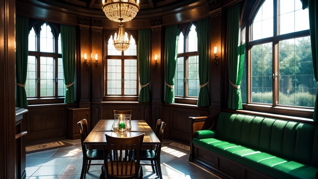 Slytherin Common Room,Hogwarts,Fantasy,Green curtain,Located underground,Large windows,Green light,dim,midnight,Moody,Candle,sofa,machine,glass,Vial,Parchment interior,Silver and green decoration,Highest quality,masterpiece
((Harry potter))
((Hogwarts))
((Hogwartsレガシー))