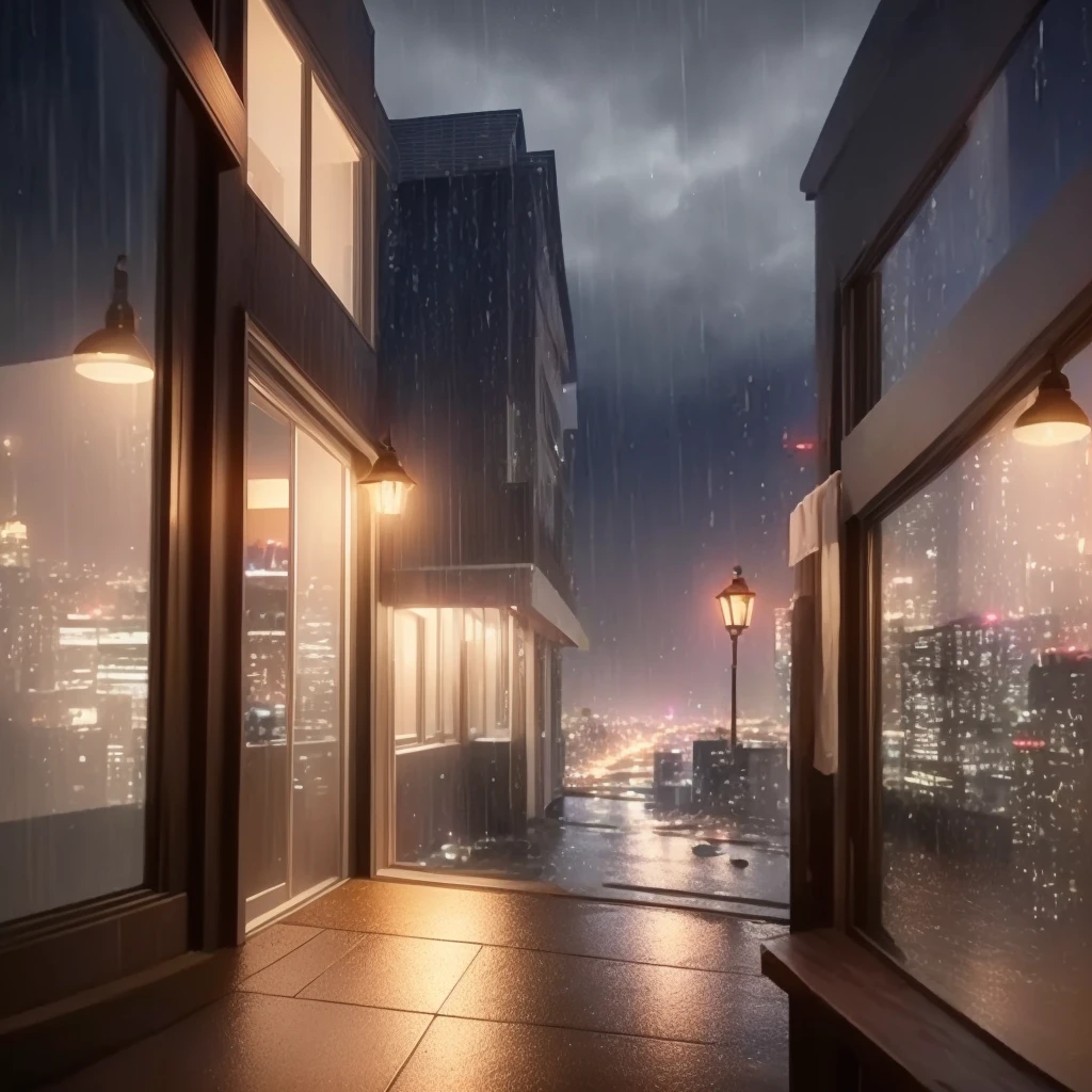 Night city view from the window, Unreal Engine ; Romantic Theme, Wet day. Game Rendering, 8k octane unreal rendering, 8k Sensual Lighting, Realistic 8K rendering, rendered in 8 k Unreal Engine, Rainy night, Rainy night, cinematic render Unreal Engine, Cinematic Lighting 8K, Detailed cinematic rendering, Photorealistic cinematic rendering