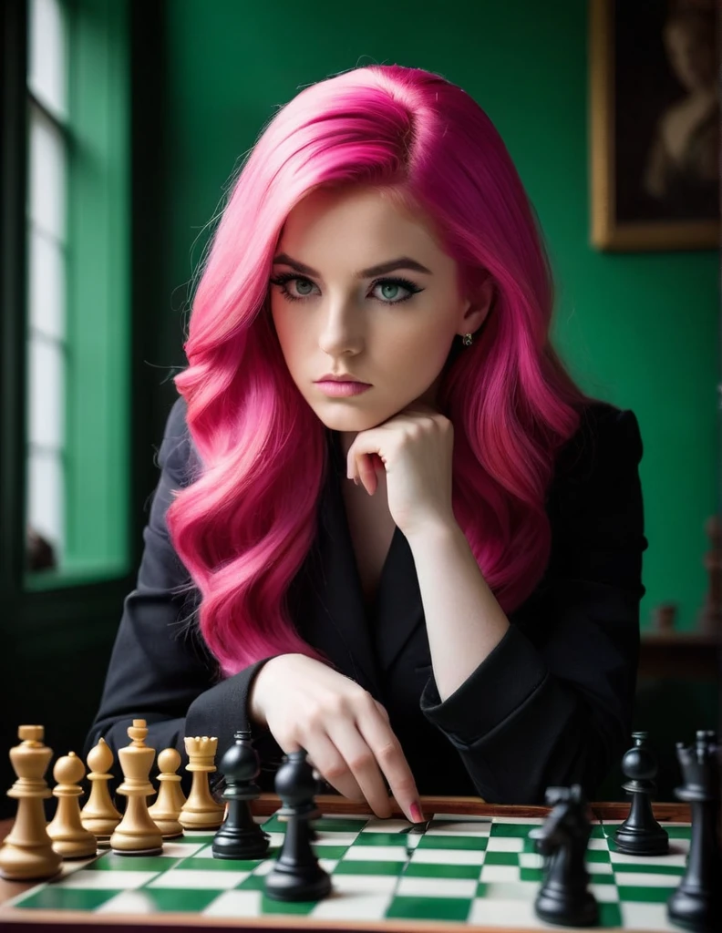 Very attractive 25 year old female with long bright pink hair, A black and white photo of intense gaze as she studies a chess board,The Queen's Gambit,She is beautiful with  bright pink hair and a pale complexion, often dressed in a chic, 1960s style that reflects her bold and precise personality. Her intense green eyes are frequently a focal point, mirroring her sharp intellect and deep concentration.